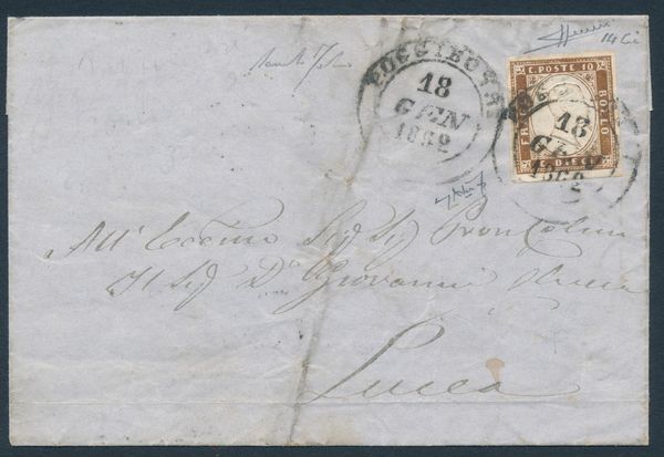 1862 - Regno dItalia - Lettera da Poggibonsi per Lucca via Pisa trasportata dallambulante Livorno-Firenze affrancata con francobollo sardo IV emissione, tiratura del 1861, 10 cent. bruno cioccolato scuro (Sass. 14Ci)  - Asta Filatelia e Storia Postale - Associazione Nazionale - Case d'Asta italiane