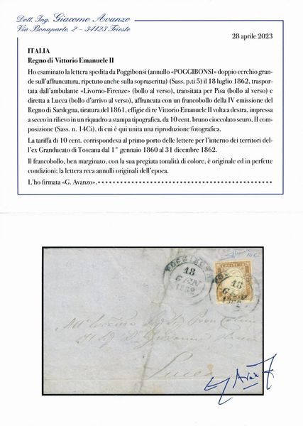 1862 - Regno dItalia - Lettera da Poggibonsi per Lucca via Pisa trasportata dallambulante Livorno-Firenze affrancata con francobollo sardo IV emissione, tiratura del 1861, 10 cent. bruno cioccolato scuro (Sass. 14Ci)  - Asta Filatelia e Storia Postale - Associazione Nazionale - Case d'Asta italiane