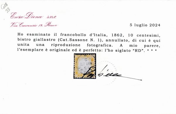 1862  Regno dItalia  10 cent. bistro giallastro usato (Sass. 1).  - Asta Filatelia e Storia Postale - Associazione Nazionale - Case d'Asta italiane