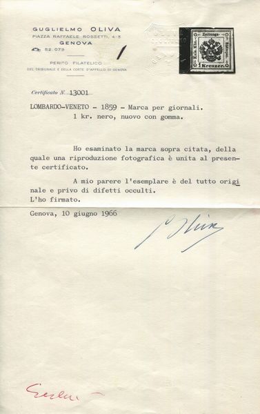 1859 - Lombardo-Veneto - Segnatasse per giornali - 1kr. nero, nuovo (Sass. 2).  - Asta Filatelia e Storia Postale - Associazione Nazionale - Case d'Asta italiane