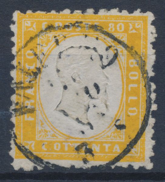 1862  Regno dItalia  80 cent. giallo arancio (Sass. 4) con annullo di Palermo.  - Asta Filatelia e Storia Postale - Associazione Nazionale - Case d'Asta italiane