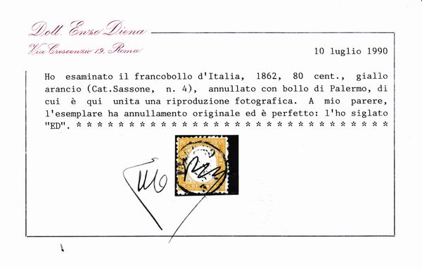 1862  Regno dItalia  80 cent. giallo arancio (Sass. 4) con annullo di Palermo.  - Asta Filatelia e Storia Postale - Associazione Nazionale - Case d'Asta italiane