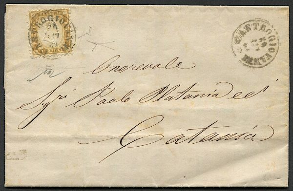 1862, Regno dItalia, Sicilia, lettera da Castrogiovanni per Catania, del 19 ottobre affrancata con 10c. bistro-giallastro (S. 1) della I emissione di Regno dItalia. Bollo al verso darrivo del giorno dopo.  - Asta Filatelia e Storia Postale - Associazione Nazionale - Case d'Asta italiane