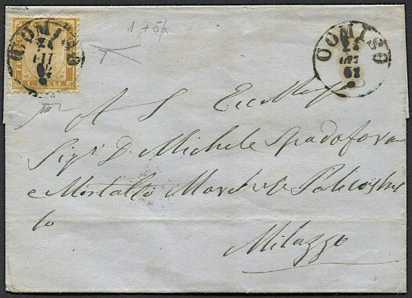 1862, Regno dItalia, Sicilia, sovracoperta di lettera da Comiso per Milazzo del 24 ottobre affrancata con 10c. bistro giallastro (Sass. 1) recante il raro bollo di Comiso ad un cerchio (R1). Al verso bolli in transito di Catania del 26 e di Messina del 28 ottobre.  - Asta Filatelia e Storia Postale - Associazione Nazionale - Case d'Asta italiane