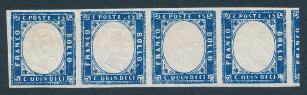 1863 - Regno dItalia - 15 cent. azzurro - Striscia orizzontale, nuova, di tre formata dal secondo, terzo e quarto esemplare con la variet: secondo e terzo esemplare senza effige (Sass. 11nb).  - Asta Filatelia e Storia Postale - Associazione Nazionale - Case d'Asta italiane