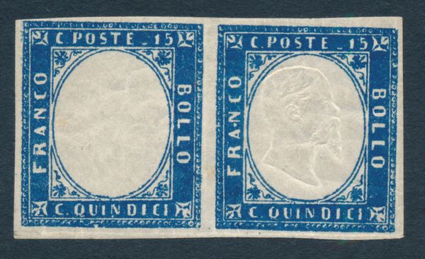 1863 - Regno dItalia - 15 cent. azzurro, coppia orizzontale, nuova, di cui un esemplare senza effigie (Sass. 11n).  - Asta Filatelia e Storia Postale - Associazione Nazionale - Case d'Asta italiane
