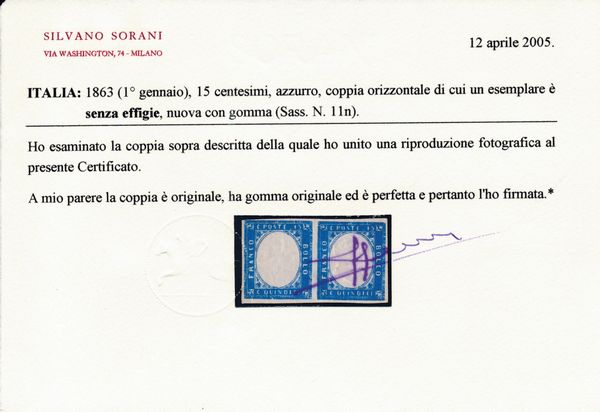 1863 - Regno dItalia - 15 cent. azzurro, coppia orizzontale, nuova, di cui un esemplare senza effigie (Sass. 11n).  - Asta Filatelia e Storia Postale - Associazione Nazionale - Case d'Asta italiane