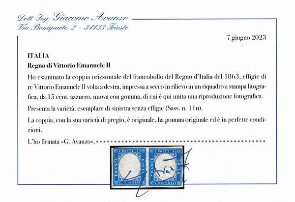 1863 - Regno dItalia - 15 cent. azzurro, coppia orizzontale, nuova, di cui un esemplare senza effigie (Sass. 11n).  - Asta Filatelia e Storia Postale - Associazione Nazionale - Case d'Asta italiane