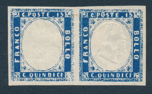 1863 - Regno dItalia - 15 cent. celeste latteo, coppia orizzontale, nuova, di cui un esemplare senza effigie (Sass. 11d/n).  - Asta Filatelia e Storia Postale - Associazione Nazionale - Case d'Asta italiane