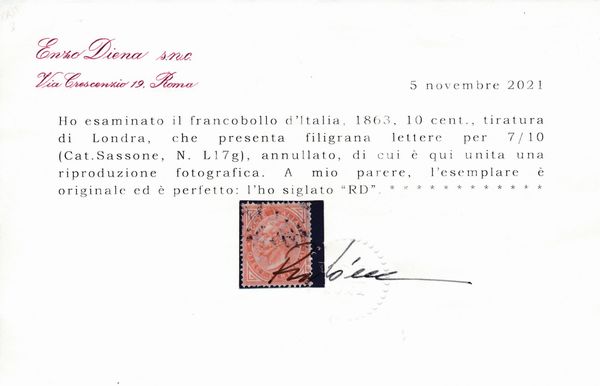 1863  Regno dItalia  10 cent. ocra arancio, Tiratura di Londra, filigrana lettere 7/10, usato (Sass. L17g).  - Asta Filatelia e Storia Postale - Associazione Nazionale - Case d'Asta italiane