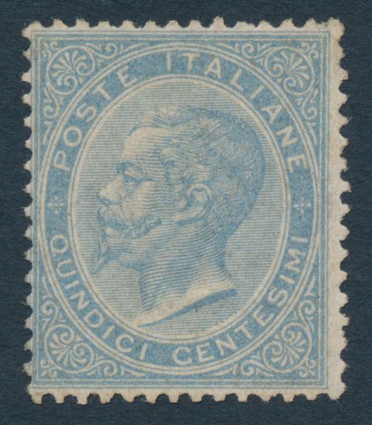 1863  Regno dItalia  15 cent. celeste chiaro, De La Rue, Tiratura di Londra, gomma integra (Sass. L18).  - Asta Filatelia e Storia Postale - Associazione Nazionale - Case d'Asta italiane