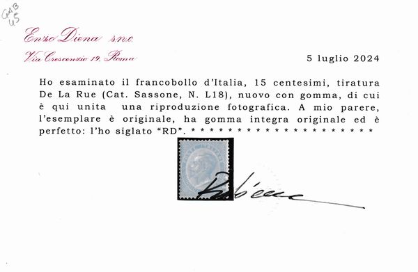 1863  Regno dItalia  15 cent. celeste chiaro, De La Rue, Tiratura di Londra, gomma integra (Sass. L18).  - Asta Filatelia e Storia Postale - Associazione Nazionale - Case d'Asta italiane