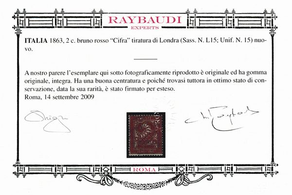 1863  Regno dItalia  2 cent. bruno rosso, Tiratura di Londra (Sass. L15).  - Asta Filatelia e Storia Postale - Associazione Nazionale - Case d'Asta italiane