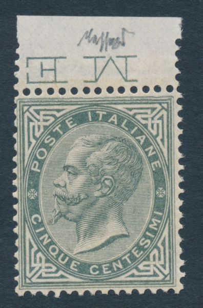 1863  Regno dItalia  5 cent. grigio verde, De La Rue, Tiratura di Londra, gomma integra, bdf (Sass. L16).  - Asta Filatelia e Storia Postale - Associazione Nazionale - Case d'Asta italiane