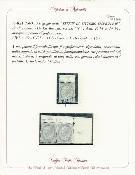1863  Regno dItalia  5 cent. grigio verde, De La Rue, Tiratura di Londra, gomma integra, bdf (Sass. L16).  - Asta Filatelia e Storia Postale - Associazione Nazionale - Case d'Asta italiane