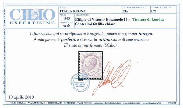 1863  Regno dItalia  60 cent. lilla chiaro, De La Rue, Tiratura di Londra, gomma integra (Sass. L21).  - Asta Filatelia e Storia Postale - Associazione Nazionale - Case d'Asta italiane