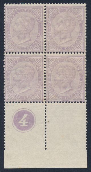 1863  Regno dItalia  60 cent. lilla chiaro, Tiratura di Londra (Sass. L21)  Quartina bdf con numero di tavola 4 in cerchio.  - Asta Filatelia e Storia Postale - Associazione Nazionale - Case d'Asta italiane