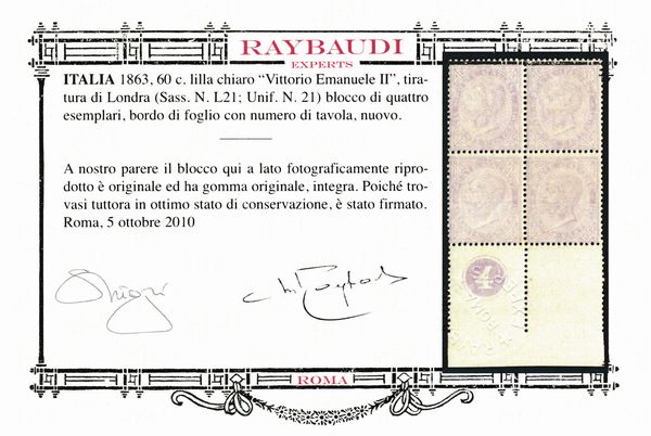 1863  Regno dItalia  60 cent. lilla chiaro, Tiratura di Londra (Sass. L21)  Quartina bdf con numero di tavola 4 in cerchio.  - Asta Filatelia e Storia Postale - Associazione Nazionale - Case d'Asta italiane