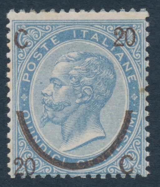 1865  Regno dItalia  20 su 15 cent. celeste, Ferro di cavallo, III tipo, gomma integra (Sass. 25).  - Asta Filatelia e Storia Postale - Associazione Nazionale - Case d'Asta italiane