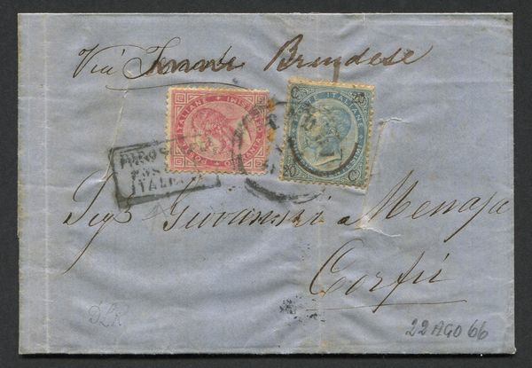 1866 - Regno d'Italia - Lettera da Padova per Corf del 22 agosto 1866 affrancata in tariffa di primo porto per 60 centesimi con 20 c. su 15 c. terzo tipo e un 40 centesimi DLR (S. T20, 25). Manoscritto Via di Trieste cancellato e aggiunto Brindisi, essendo Trieste ancora austriaca. Bollo riquadrato Piroscafi Postali Italiani applicato a Brindisi e al verso bollo di transito del 27 agosto e di arrivo a Corf del 22 agosto (Calendario Giuliano).  - Asta Filatelia e Storia Postale - Associazione Nazionale - Case d'Asta italiane