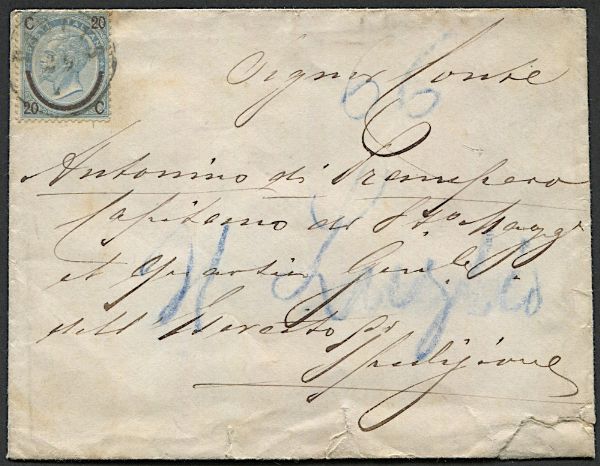1866, Regno dItalia, III Guerra d'Indipendenza - Lettera da Padova del 29 luglio 1866 per un Capitano di stanza al Quartier Generale, dove giunse il 31 luglio, affrancata con 20 centesimi su 15 del III tipo. Al verso bollo di P.M. ESERCITO DI SPEDIZIONE/QUARTIER GLE/31 LUG. 66 apposto in arrivo. Si tratta dellultima data nota di questo bollo, di cui sono note solo quattro lettere recanti questa impronta, ed  lunica con il bollo posto in arrivo e lunica affrancata. LUfficio del Quartier Generale dellEsercito di Spedizione fu istituito dopo il 14 luglio ed era assegnato al Comando Supremo dellEsercito agli ordini del Generale Cialdini.  - Asta Filatelia e Storia Postale - Associazione Nazionale - Case d'Asta italiane