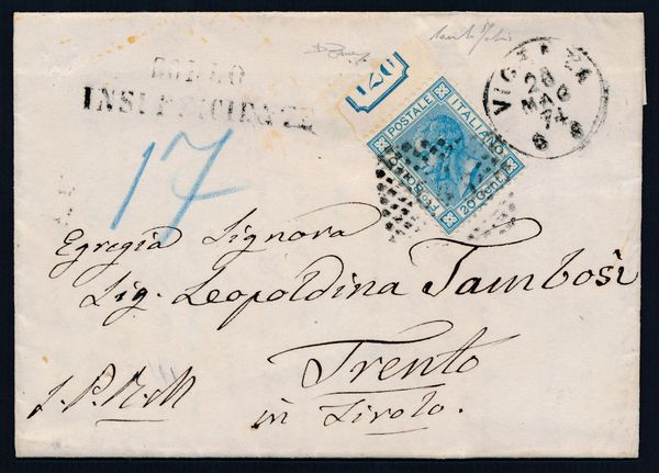 1874  Regno dItalia  Lettera da Vicenza a Trento del 26 maggio affrancata con 20 cent. azzurro Bigola, Tiratura di Torino (Sass. T26), bordo di foglio e parziale numero di tavola 128 in rettangolo.  - Asta Filatelia e Storia Postale - Associazione Nazionale - Case d'Asta italiane
