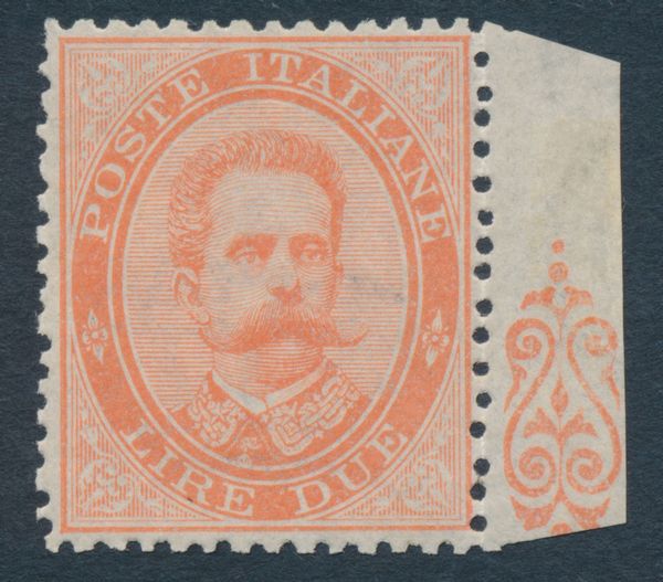 1879 - Regno dItalia  2 lire vermiglio Umberto I, gomma integra, bdf (Sass. 43).  - Asta Filatelia e Storia Postale - Associazione Nazionale - Case d'Asta italiane