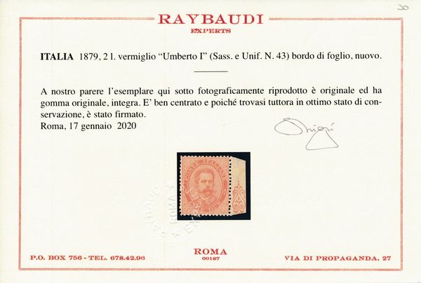 1879 - Regno dItalia  2 lire vermiglio Umberto I, gomma integra, bdf (Sass. 43).  - Asta Filatelia e Storia Postale - Associazione Nazionale - Case d'Asta italiane