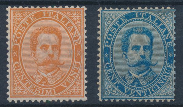 1879 - Regno dItalia  20 cent. arancio e 25 cent. azzurro Umberto I, gomma integra (Sass. 39/40).  - Asta Filatelia e Storia Postale - Associazione Nazionale - Case d'Asta italiane