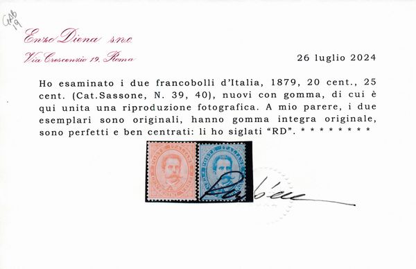 1879 - Regno dItalia  20 cent. arancio e 25 cent. azzurro Umberto I, gomma integra (Sass. 39/40).  - Asta Filatelia e Storia Postale - Associazione Nazionale - Case d'Asta italiane