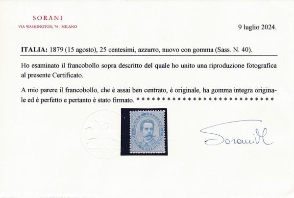 1879 - Regno dItalia  25 cent. azzurro Umberto I, gomma integra (Sass. 40).  - Asta Filatelia e Storia Postale - Associazione Nazionale - Case d'Asta italiane