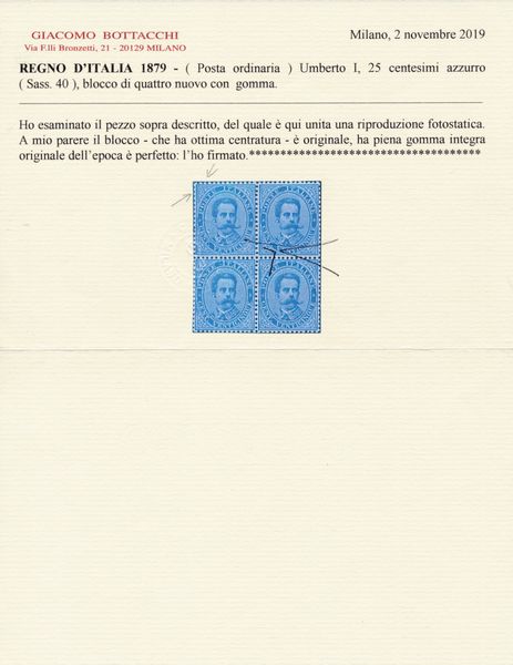 1879 - Regno dItalia  25 cent. azzurro Umberto I, gomma integra (Sass. 40).  - Asta Filatelia e Storia Postale - Associazione Nazionale - Case d'Asta italiane