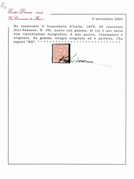 1879  Regno dItalia  20 cent. arancio Umberto I, gomma integra (Sass. 39).  - Asta Filatelia e Storia Postale - Associazione Nazionale - Case d'Asta italiane