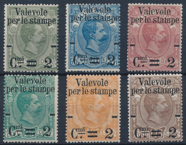 1890  Regno dItalia  Francobolli per pacchi postali Valevole per le stampe, serie completa, gomma integra (Sass. S.6).  - Asta Filatelia e Storia Postale - Associazione Nazionale - Case d'Asta italiane