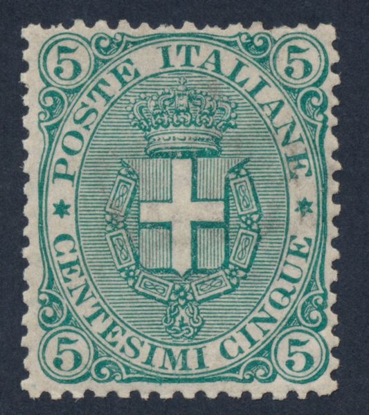 1891  Regno dItalia  5 cent. verde Scudo Savoia, gomma integra (Sass. 59).  - Asta Filatelia e Storia Postale - Associazione Nazionale - Case d'Asta italiane