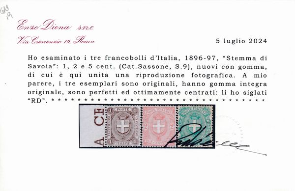1896-97 � Regno d�Italia - Stemma di Savoia, serie completa, gomma integra (Sass. S.9).  - Asta Filatelia e Storia Postale - Associazione Nazionale - Case d'Asta italiane
