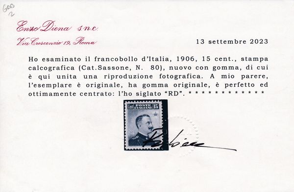 1906  Regno dItalia  15 cent. grigio nero Michetti, dent. 12, gomma originale (Sass. 80).  - Asta Filatelia e Storia Postale - Associazione Nazionale - Case d'Asta italiane