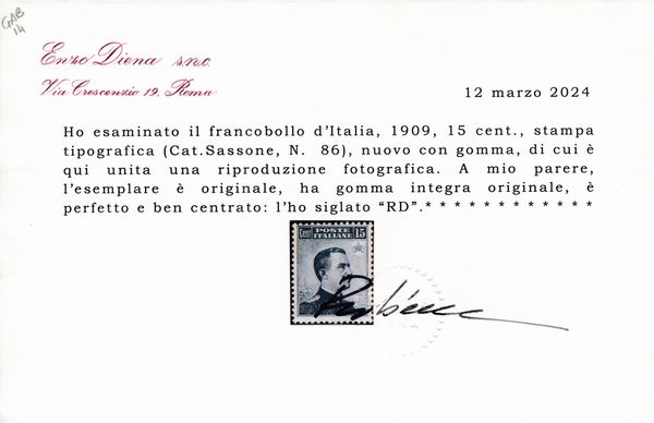 1909  Regno dItalia  15 cent. grigio nero Michetti, dent. 13 x 14, gomma integra (Sass. 86).  - Asta Filatelia e Storia Postale - Associazione Nazionale - Case d'Asta italiane
