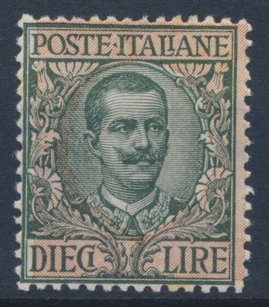 1910  Regno dItalia  10 lire oliva e rosa Floreale con variet ornato floreale spostato (2 mm.), gomma integra (Sass. 91a).  - Asta Filatelia e Storia Postale - Associazione Nazionale - Case d'Asta italiane