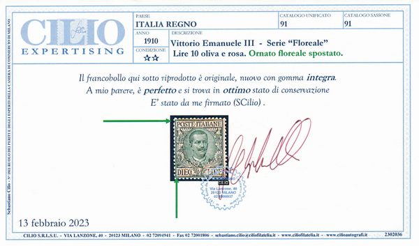 1910  Regno dItalia  10 lire oliva e rosa Floreale con variet ornato floreale spostato (2 mm.), gomma integra (Sass. 91a).  - Asta Filatelia e Storia Postale - Associazione Nazionale - Case d'Asta italiane