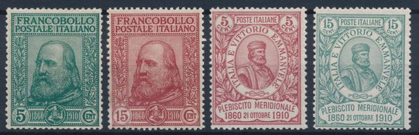 1910  Regno dItalia  Centenario del Risorgimento in Sicilia e del Plebiscito nellItalia Meridionale Garibaldi, serie completa, gomma integra (Sass. S13).  - Asta Filatelia e Storia Postale - Associazione Nazionale - Case d'Asta italiane