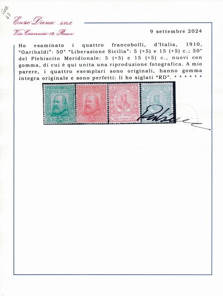 1910  Regno dItalia  Centenario del Risorgimento in Sicilia e del Plebiscito nellItalia Meridionale Garibaldi, serie completa, gomma integra (Sass. S13).  - Asta Filatelia e Storia Postale - Associazione Nazionale - Case d'Asta italiane