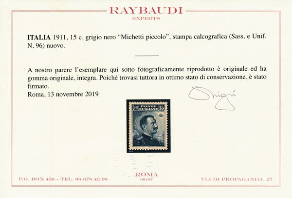 1911  Regno dItalia  15 cent. grigio nero Michetti, dent. 13 x 14, gomma integra (Sass. 96).  - Asta Filatelia e Storia Postale - Associazione Nazionale - Case d'Asta italiane