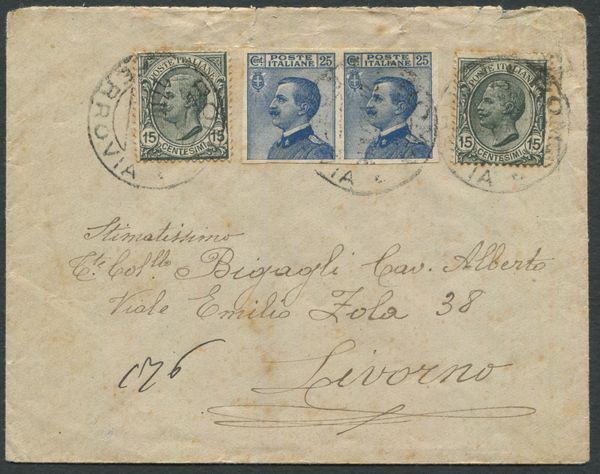 1917 - Regno dItalia - Letterina da Roma a Livorno affrancata con coppia del 25c. azzurro Michetti non dentellata (Sass. 83e).  - Asta Filatelia e Storia Postale - Associazione Nazionale - Case d'Asta italiane