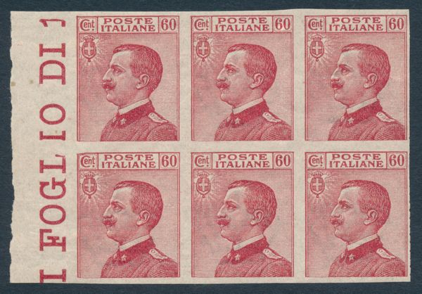 1917/20 - Regno dItalia - 60 cent. carminio - Blocco di sei esemplari bdf non dentellati (Sass. 111d).  - Asta Filatelia e Storia Postale - Associazione Nazionale - Case d'Asta italiane