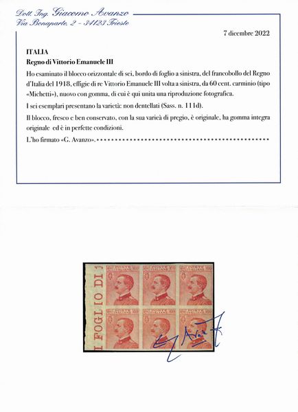 1917/20 - Regno dItalia - 60 cent. carminio - Blocco di sei esemplari bdf non dentellati (Sass. 111d).  - Asta Filatelia e Storia Postale - Associazione Nazionale - Case d'Asta italiane