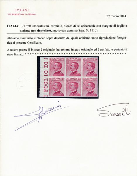 1917/20 - Regno dItalia - 60 cent. carminio - Blocco di sei esemplari bdf non dentellati (Sass. 111d).  - Asta Filatelia e Storia Postale - Associazione Nazionale - Case d'Asta italiane