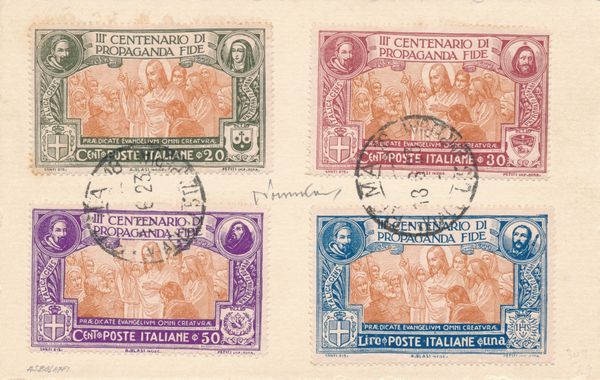 1923  Regno dItalia  3 centenario della Congregazione di Propaganda fide  Cartoncino con applicati i quattro valori della serie ed annullati (Sass. S.24).  - Asta Filatelia e Storia Postale - Associazione Nazionale - Case d'Asta italiane