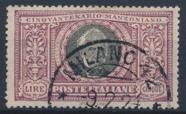 1923  Regno dItalia  Cinquantenario della morte di Alessandro Manzoni  5 lire violetto e nero usato (Sass. 156) annullato con Annullo Circolare MILANO 42 / VIA CURTATONE / -9.2.24, fuori validit ma ancora tollerato.  - Asta Filatelia e Storia Postale - Associazione Nazionale - Case d'Asta italiane