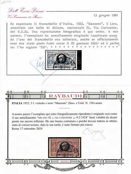 1923  Regno dItalia  Cinquantenario della morte di Alessandro Manzoni  5 lire violetto e nero usato (Sass. 156) annullato con Annullo Circolare MILANO 42 / VIA CURTATONE / -9.2.24, fuori validit ma ancora tollerato.  - Asta Filatelia e Storia Postale - Associazione Nazionale - Case d'Asta italiane